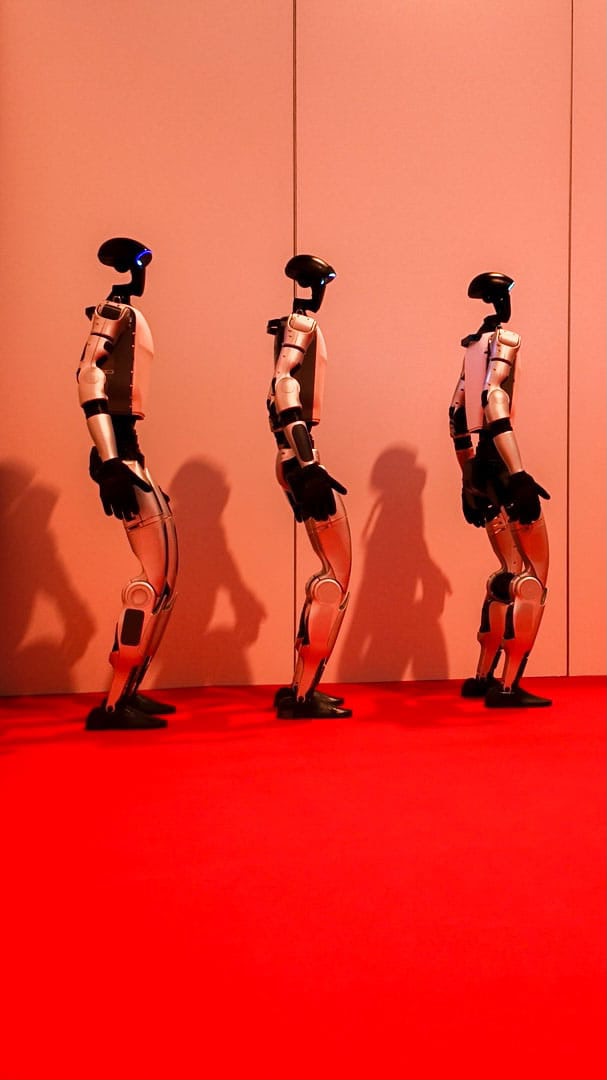 Drei Unitree G1 Roboter in Reihe auf rotem Eventboden