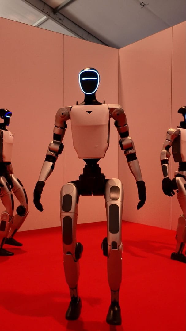 Einzelner Unitree G1 Roboter vor rotem Hintergrund