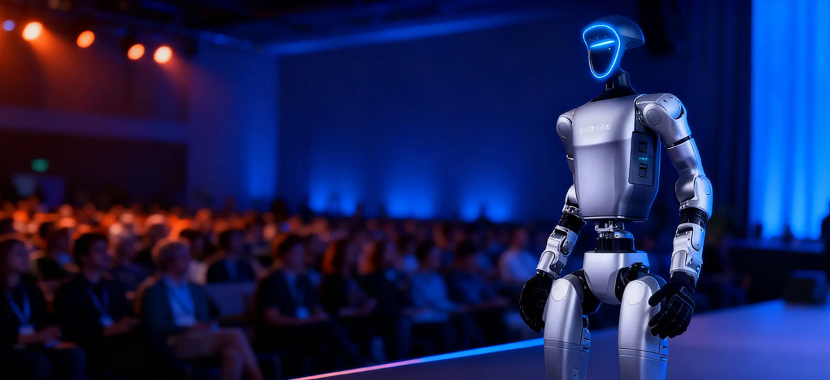 Unitree G1 humanoider Roboter im Live-Einsatz auf einer Messe für Markeninszenierung und Besucherinteraktion