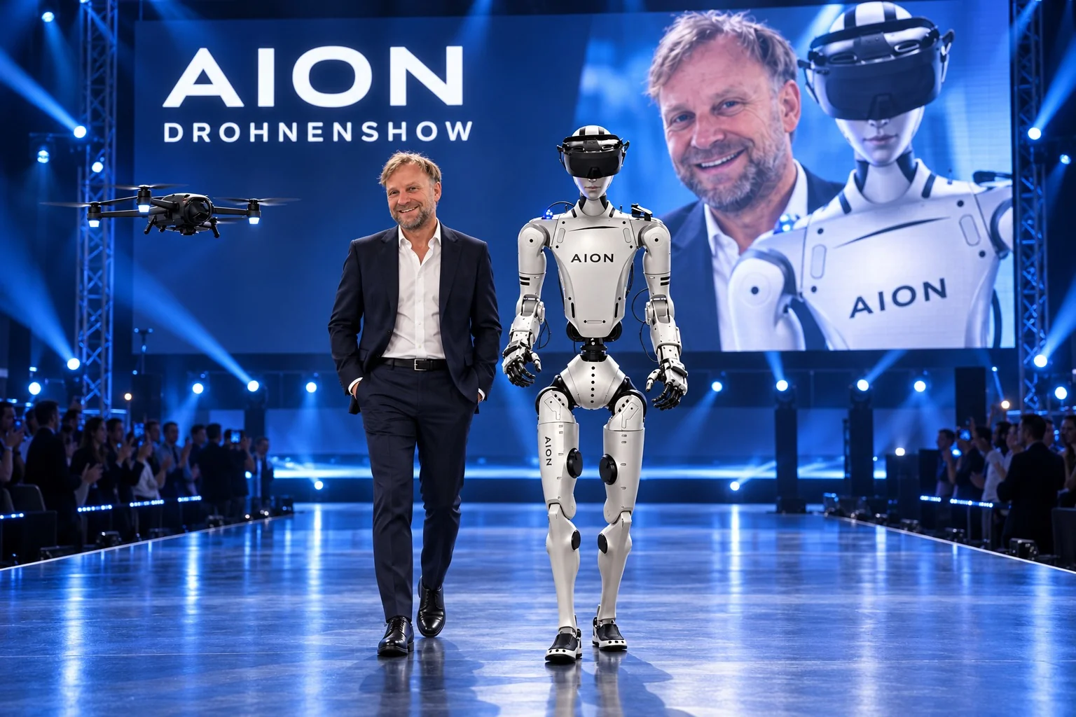 Konzeptvisualisierung: Speaker im Anzug mit Unitree H2 AION und Drohne auf einer Eventbühne.