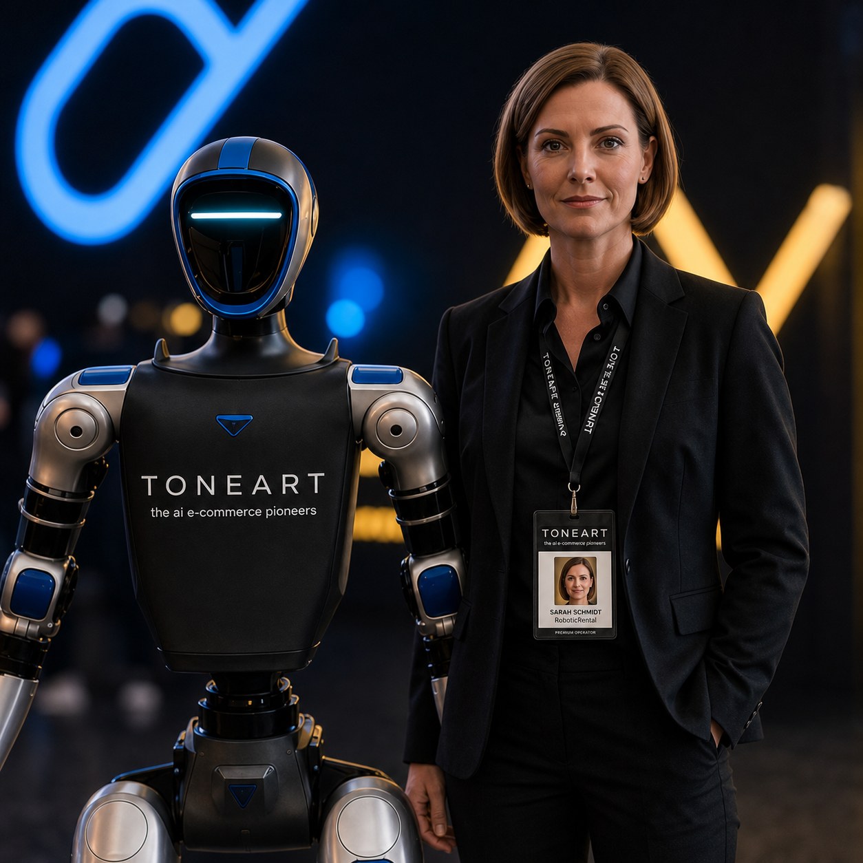 Sarah Schmidt, weibliche RoboticRental Operatorin im Close-up neben dem Event-Roboter mit TONEART Branding