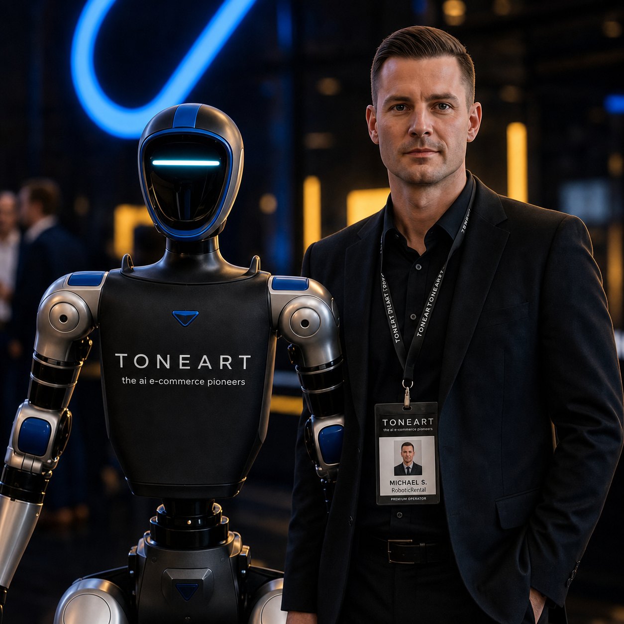 Michael S., männlicher RoboticRental Operator im Close-up neben dem Event-Roboter mit TONEART Branding