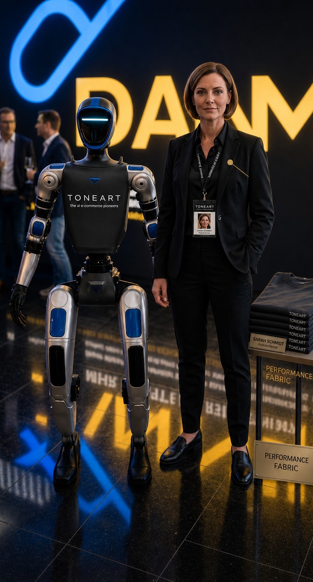 Sarah Schmidt, weibliche RoboticRental Operatorin im schwarzen Premium-Auftritt neben dem Event-Roboter