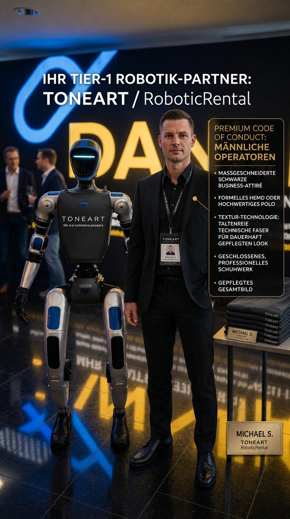 Michael S., männlicher RoboticRental Operator im schwarzen Premium-Auftritt neben dem Event-Roboter