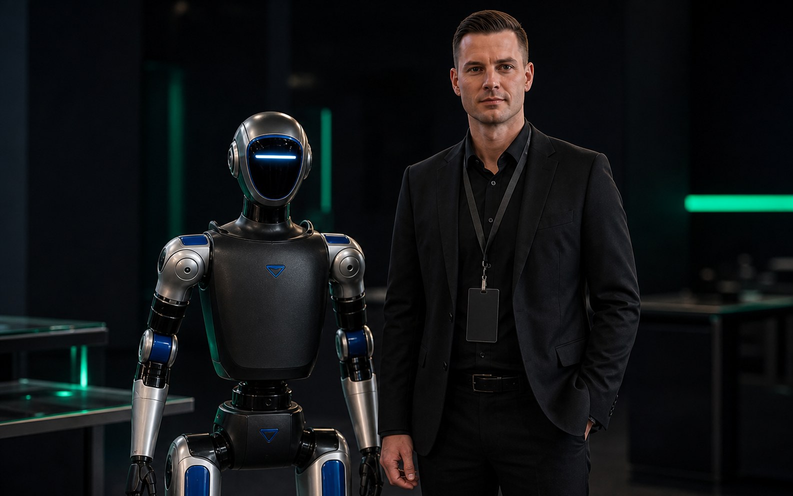 Humanoider Roboter und RoboticRental Operator mit sichtbarem Gesicht im schwarzen Premium-Auftritt
